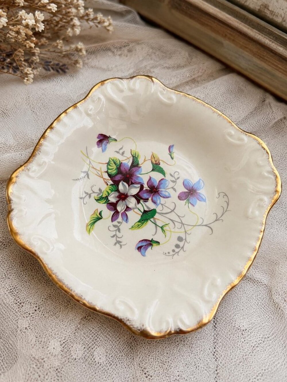 Vintage Burleigh Ironstone Floral Plate, Staffordshire England, Gold Trim
